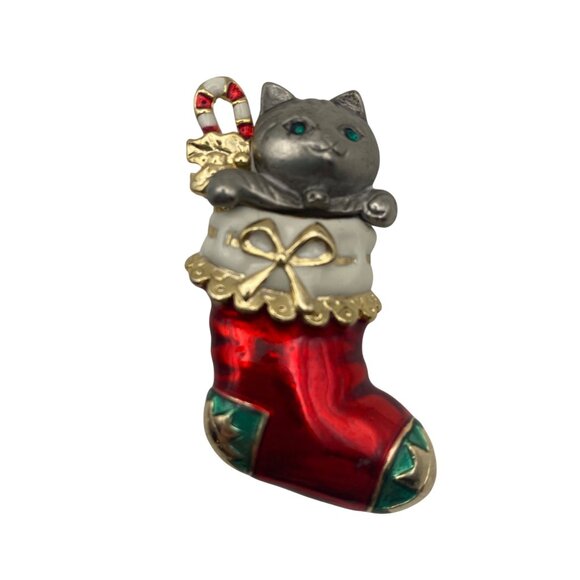 Lot Of 5 Holiday Brooch Pins Vintage To Modern Festive Cat Penguin Poinsettia - Picture 7 of 16